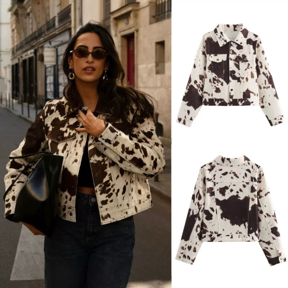 ZARA Autumn Winter Street Style Casual Color Block Print Wool Coat